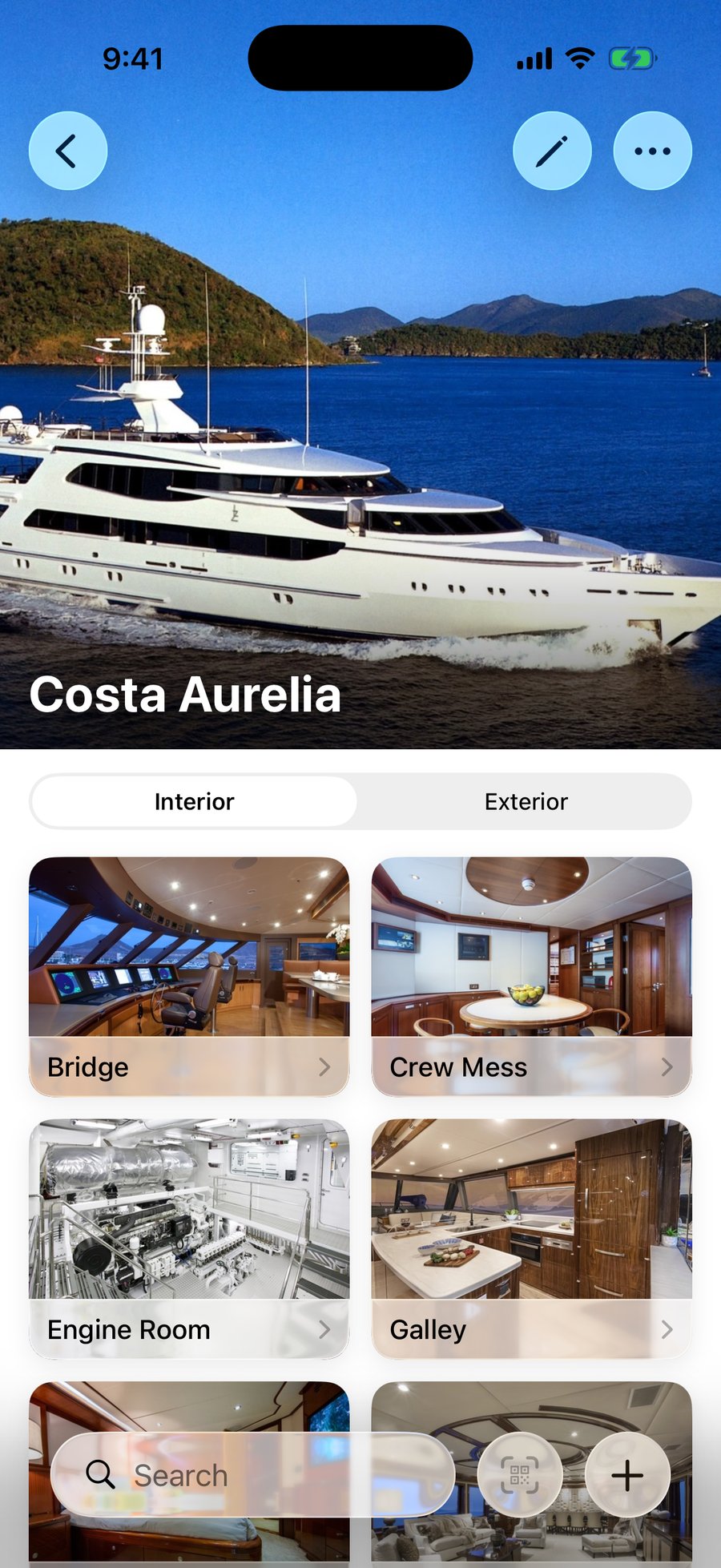The YachtIn app showing the yacht Costa Aurelia and its locations - Bridge, Crew Mess, Engine Room and Galley