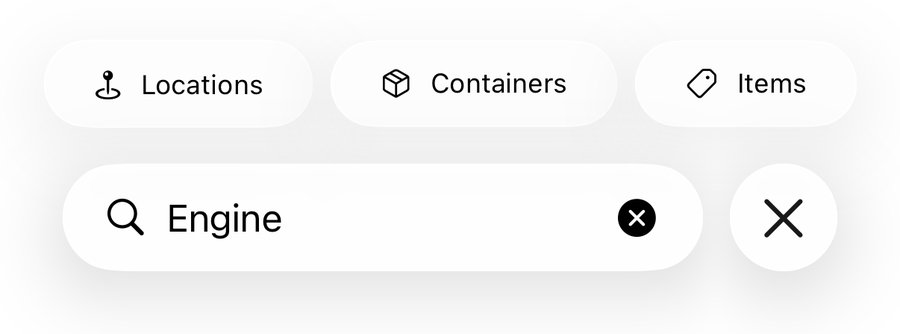 The YachtIn search field with the query Engine and the Locations, Containers and Items filter chips above it
